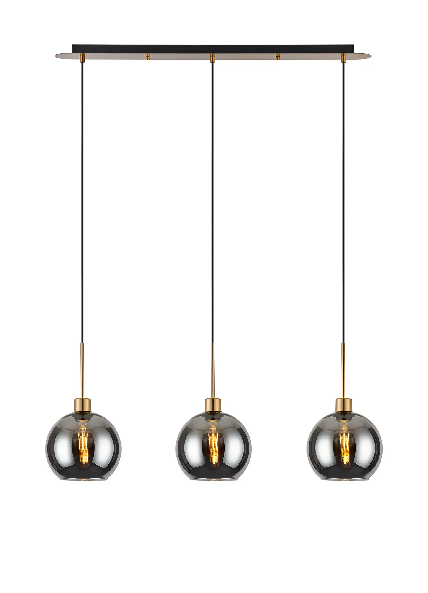 DK1212  Lori Linear Pendant, 3 Light Adjustable E27, Antique Gold/Smoke Open Mouth Round Globe Shades